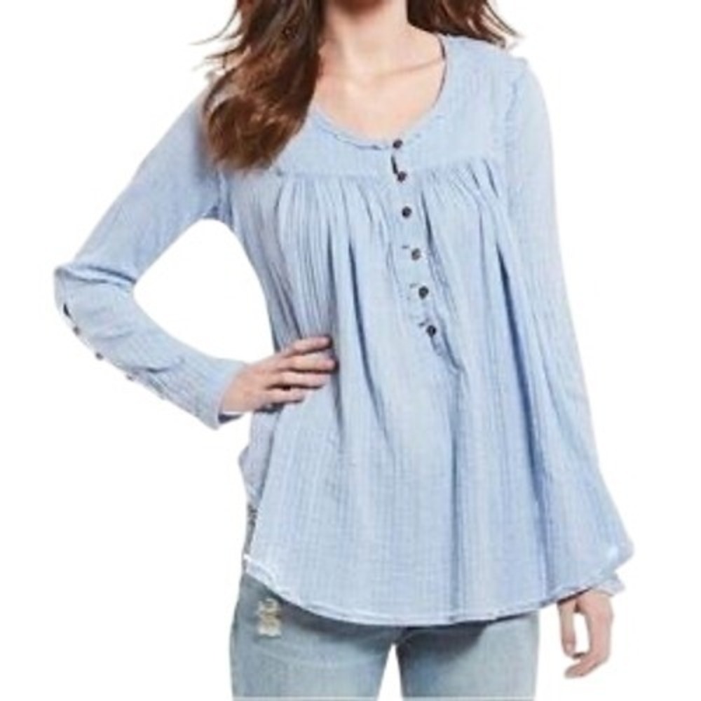 We The Free, FREE PEOPLE Sand Dune Henley Top, Blouse, Blue, Size Medium